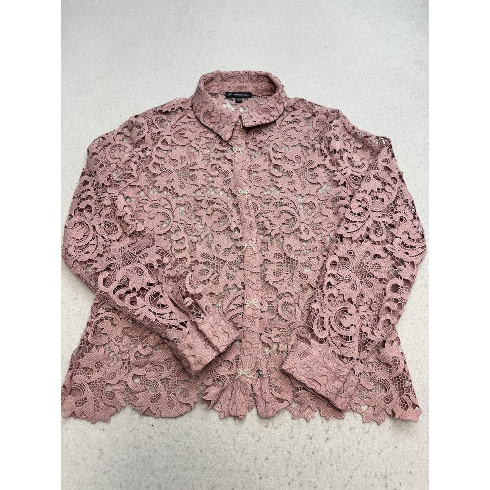 Adrianna Papell Blouse Womens Medium Pink Lace Beaded Bow Button Sheer Party